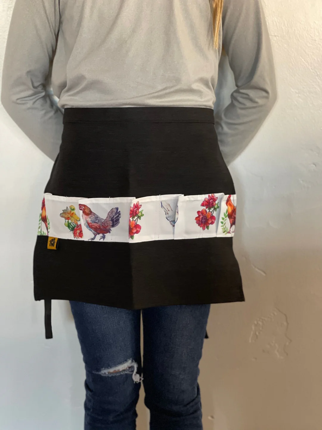 Black Denim Egg Apron with Chicken Print Pockets - 14 Pockets Hand Sewn! - Image 5