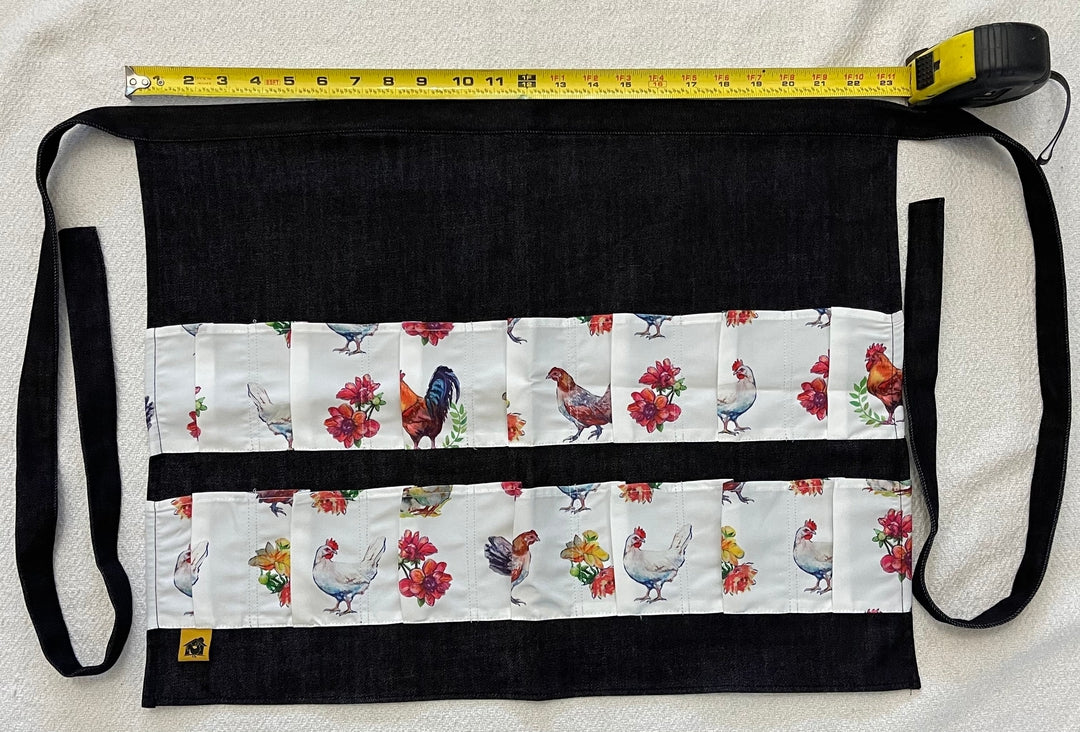 Black Denim Egg Apron with Chicken Print Pockets - 14 Pockets Hand Sewn! - Image 6