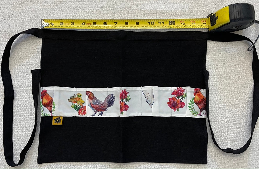Black Denim Egg Apron with Chicken Print Pockets - 14 Pockets Hand Sewn! - Image 7