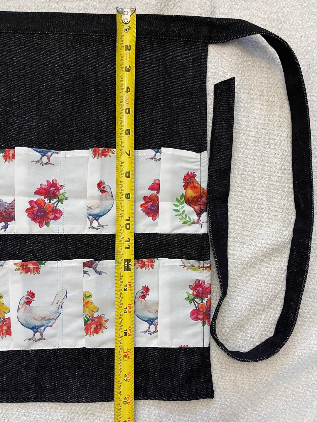 Black Denim Egg Apron with Chicken Print Pockets - 14 Pockets Hand Sewn! - Image 9