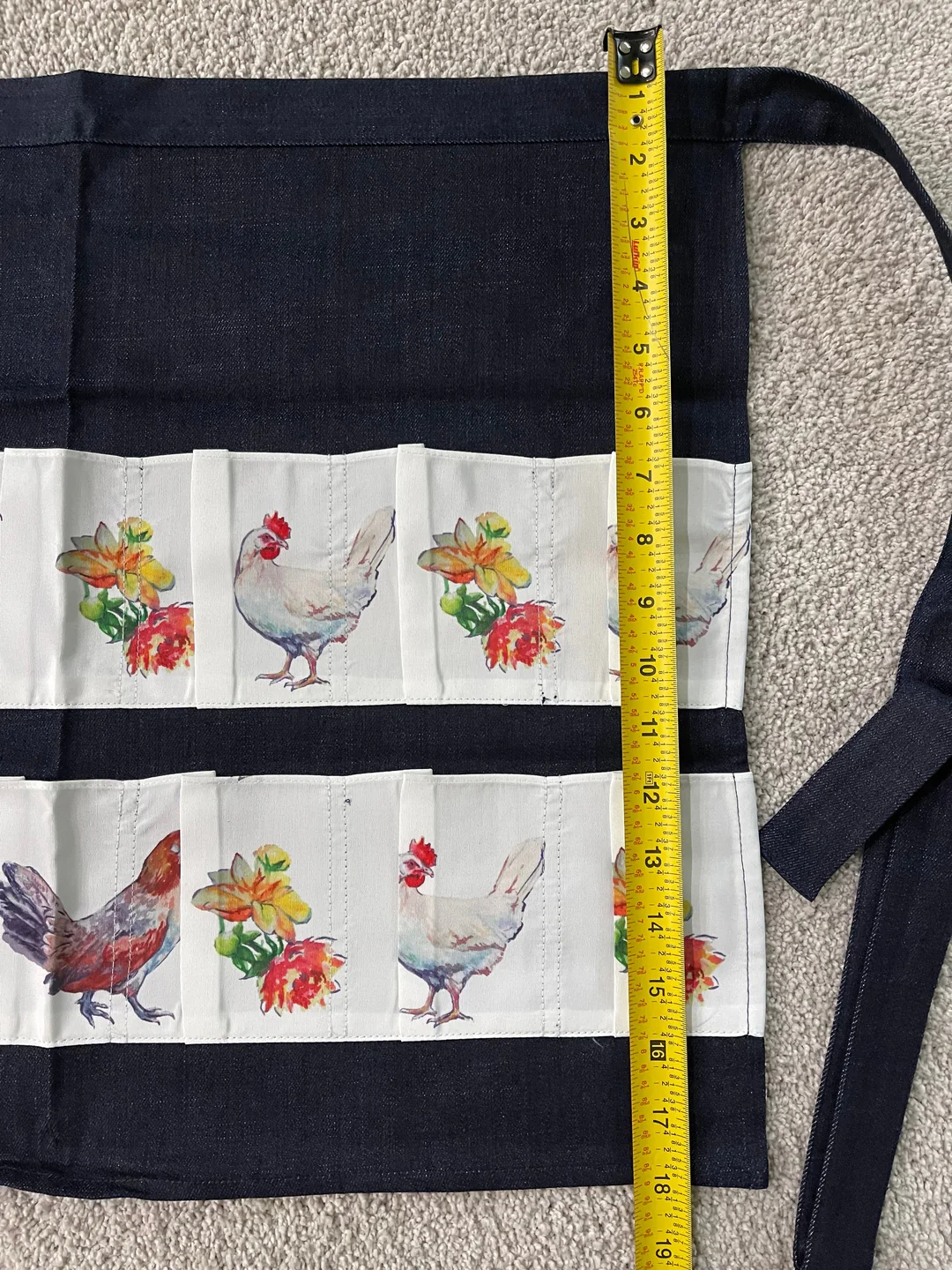 Navy Denim Egg Apron with Chicken Print Pockets - 14 Pockets Hand Sewn! - Image 3