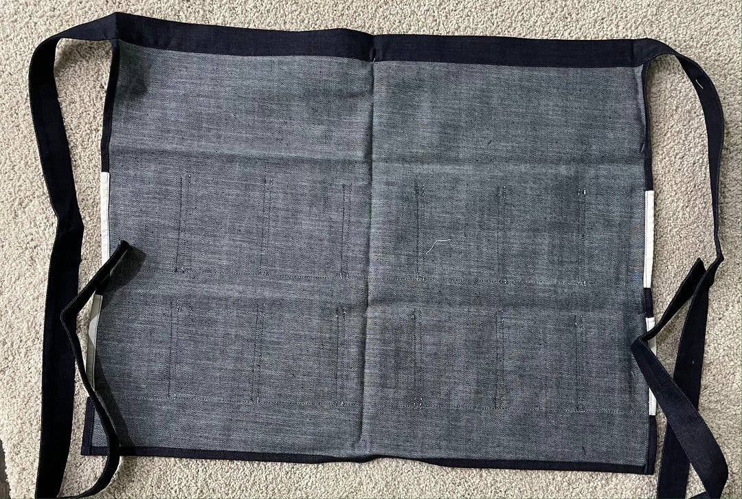 Navy Denim Egg Apron with Chicken Print Pockets - 14 Pockets Hand Sewn! - Image 4